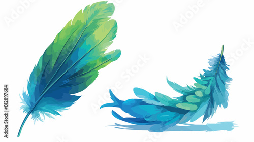 Green and blue fluffy feather floating in air isola