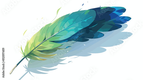 Green and blue fluffy feather floating in air isola photo