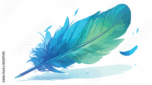 Green and blue fluffy feather floating in air isola photo