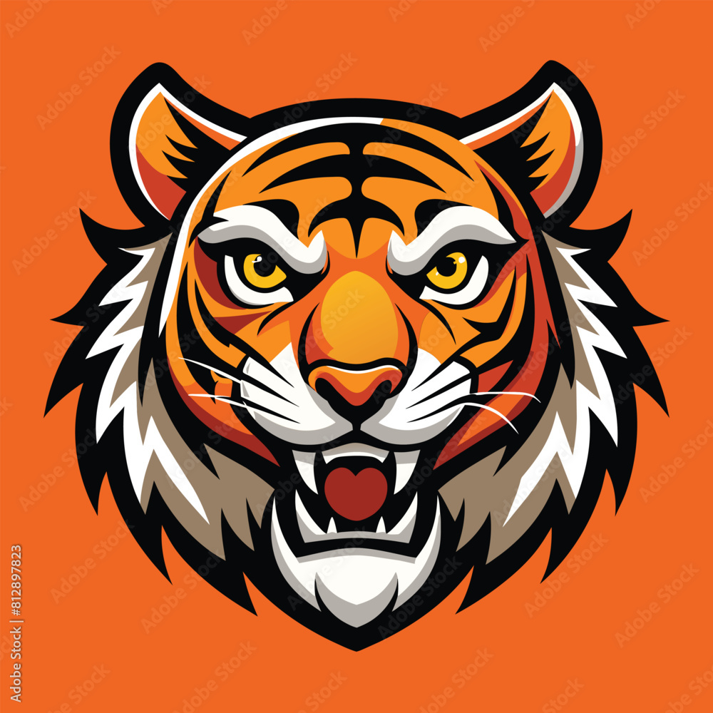 Close-up of a tigers face set against a vibrant orange background, featuring bold stripes and intense gaze, tiger animal mascot head logo vector illustration Close-up of a tigers face set against a vibrant orange background, featuring bold stripes and intense gaze, tiger animal mascot head logo vector illustration