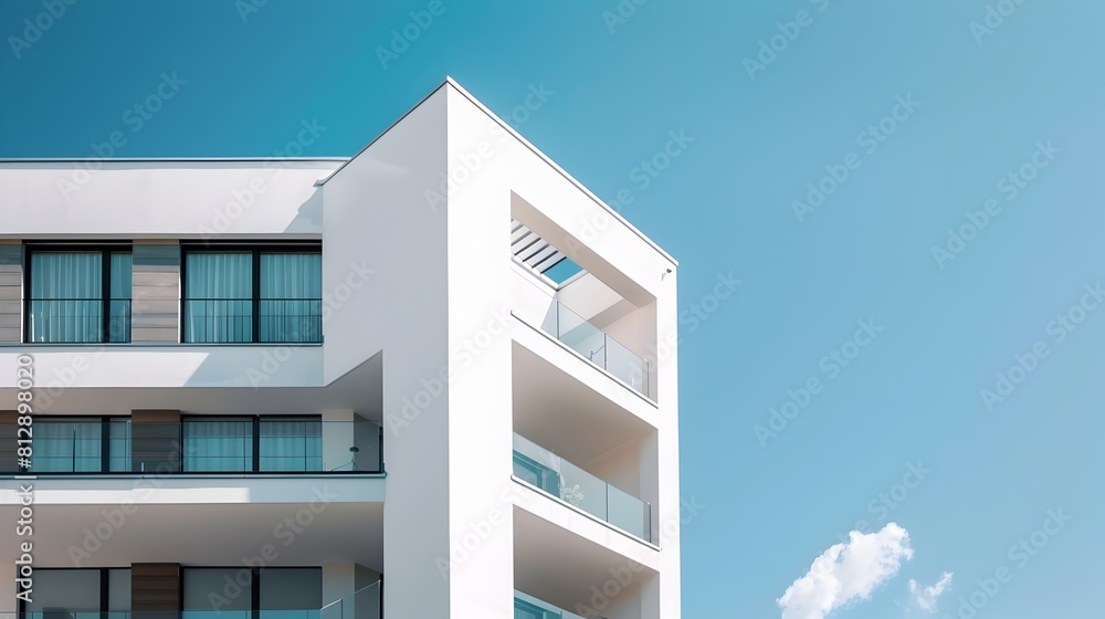 Dramatic White Architectural Building with Modern Minimalist Facade and Blue Sky