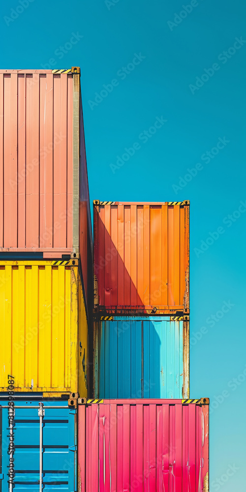 Fototapeta premium Colorful Shipping Containers Stacked Under Blue Sky