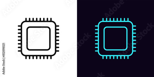 Outline microchip icon, with editable stroke. Computing processor with connections. Computer CPU, smart microprocessor, chip microcircuit, semiconductor component, digital brain chipset. Vector icon