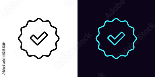 Outline Verified badge icon, with editable stroke. Blue tick sign, approved checkmark. Verified user in social media, certified and original account, confirmed profile, verification mark. Vector icon