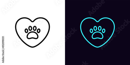 Outline pet love icon, with editable stroke. Heart with animal paw. Pet care and veterinarian aid, shelter and home for animals, donation and charity, animal life rescue, cat and dog care. Vector icon