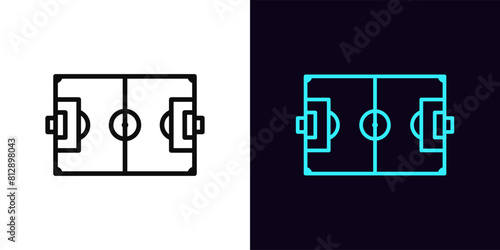 Outline football pitch icon, with editable stroke. Soccer field scheme with line marking. Football stadium and soccer arena, sport court and playground, football game, training play yard. Vector icon