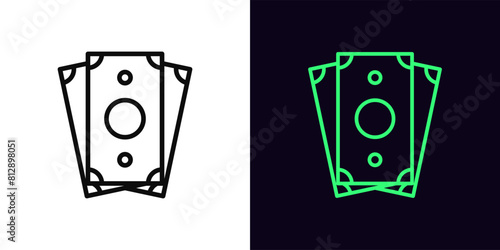 Outline money cash icon, with editable stroke. Money stack sign, paper banknotes. Business and finance, bank cash currency, receive salary, investment income, cash exchange market. Vector icon