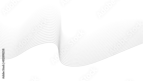 Abstract halftone flowing wavy gradient dots shape isolated on transparent background. Flowing dot particles wave pattern halftone black gradient smooth curve shape isolated on transparent background.