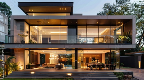 photo of smart home with a sleek, modern design: Contemporary Home with Illuminated Interiors. Modern home with transparent glass walls and illuminated interiors at twilight.