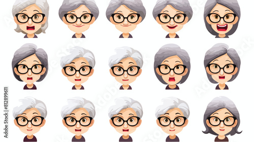 Grey haired old lady face expression set of cartoon