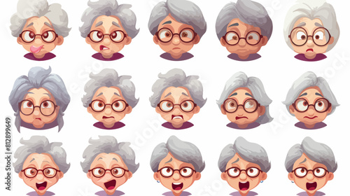 Grey haired old lady face expression set of cartoon