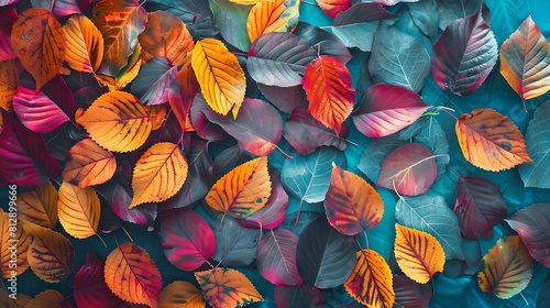Creative layout of colorful autumn leaves Flat lay Season concept : Generative AI