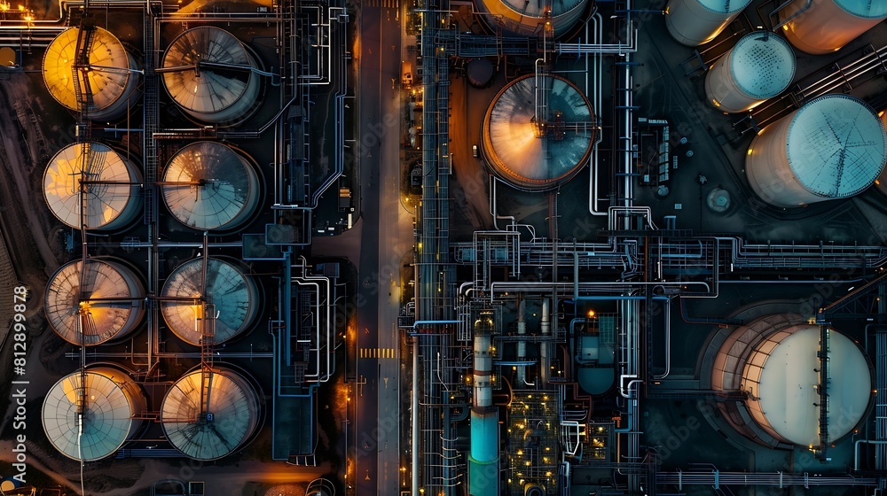 Top down flatlay view of pipelines  storage tanks laid out throughout the CPC oil refinery factory in a petrochemical estate in Taoyuan Taiwan Asia : Generative AI
