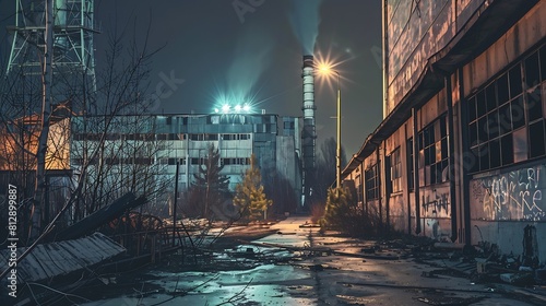 Creative artwork decoration Chernobyl nuclear power plant at night Layout of abandoned Chernobyl station after nuclear reactor explosion Selective focus : Generative AI photo