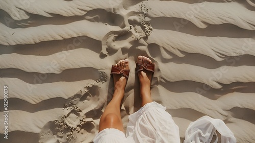 Women feet on desert beach sand Aesthetic summer vacation background Woman in white dress and leather sandals on the dune sand Top view : Generative AI