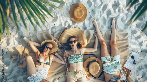 summer vacation sunbathing and pedicure concept three women lying on the beach with straw hat sunglasses and bag : Generative AI