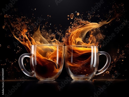 Coffee and tea twist into a fiery explosion on a dark black background, sharpened for a cinematic look that elevates these everyday beverages