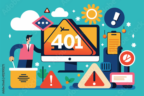 A man is standing in front of a computer screen, focusing on the display, 401 error unauthorized Customizable Flat Illustration