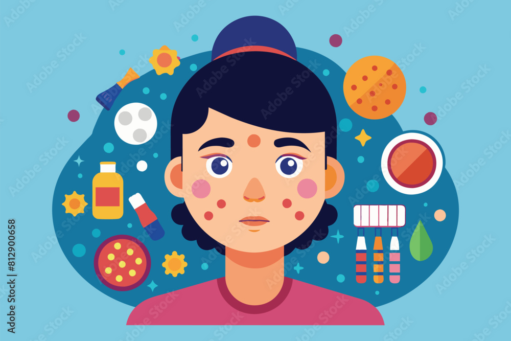 A womans face with a variety of skin care products around her, including acne treatment items, Acne treatment Customizable Semi Flat Illustration A womans face with a variety of skin care products around her, including acne treatment items, Acne treatment Customizable Semi Flat Illustration