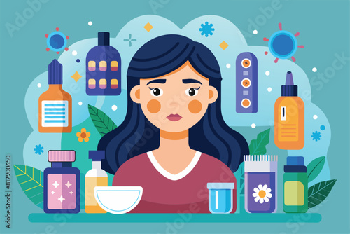 A woman sits at a table surrounded by various bottles of medicine, indicating a focus on healthcare and treatment, Acne treatment Customizable Flat Illustration