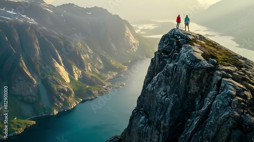 Couple family traveling together on cliff edge in Norway man and woman lifestyle concept summer vacations outdoor aerial view Lofoten islands Reinebringen mountain top : Generative AI photo