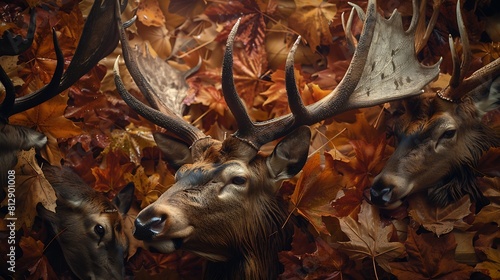 Trophies of red deer and European elk in the traditional layout in oak leaves after hunting for roar  View of the hunting trophies of moose and deer after the autumn hunt : Generative AI photo