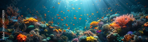 Clear underwater scene with vibrant digital marine life showcasing hitech oceanography © KN Studio