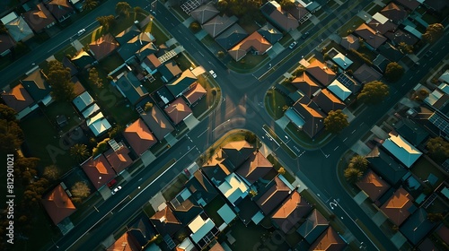 Aerial view of suburban neighborhood with mirroring deadend streets creating a symmetrical and organized layout Australia : Generative AI photo