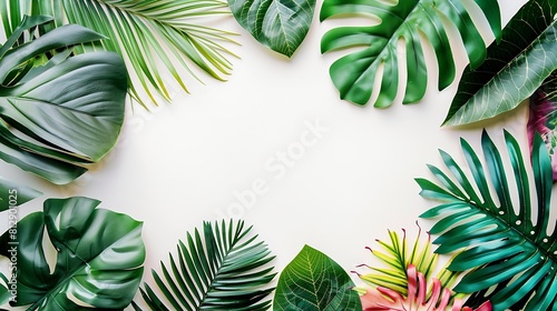 Creative layout made of colorful tropical leaves on white background Minimal summer exotic concept with copy space Border arrangement : Generative AI photo