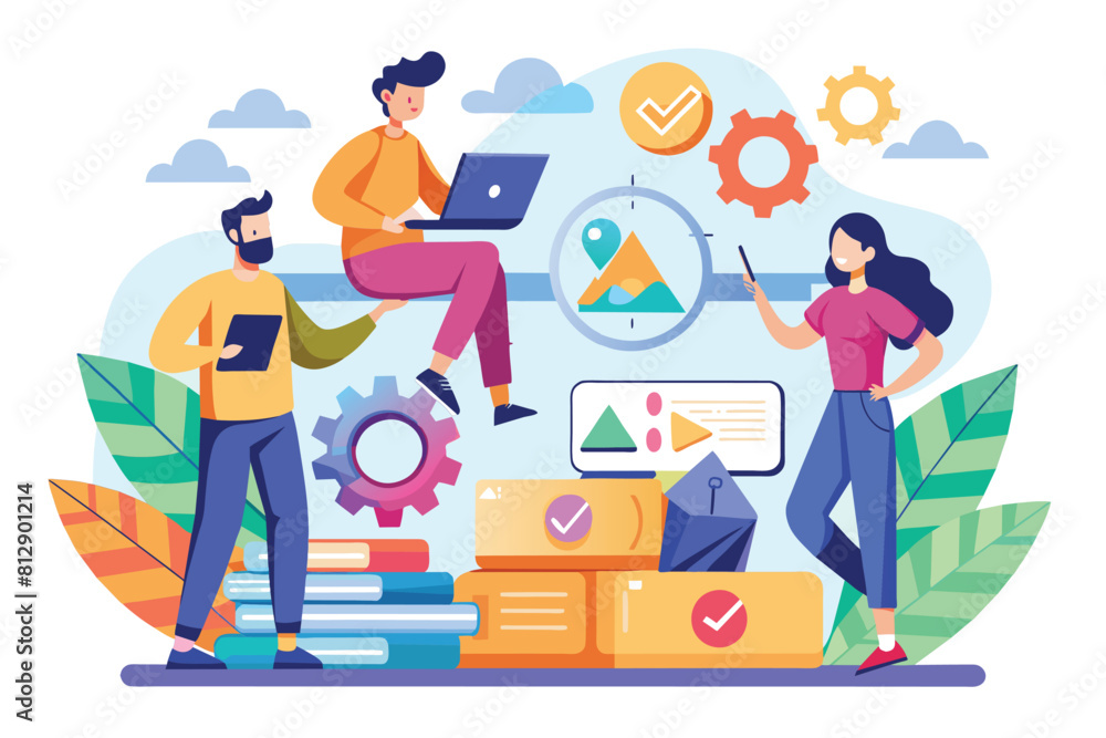 Diverse group of individuals standing around a laptop, engaged in discussion and viewing a presentation, Agile method Customizable Flat Illustration Diverse group of individuals standing around a laptop, engaged in discussion and viewing a presentation, Agile method Customizable Flat Illustration