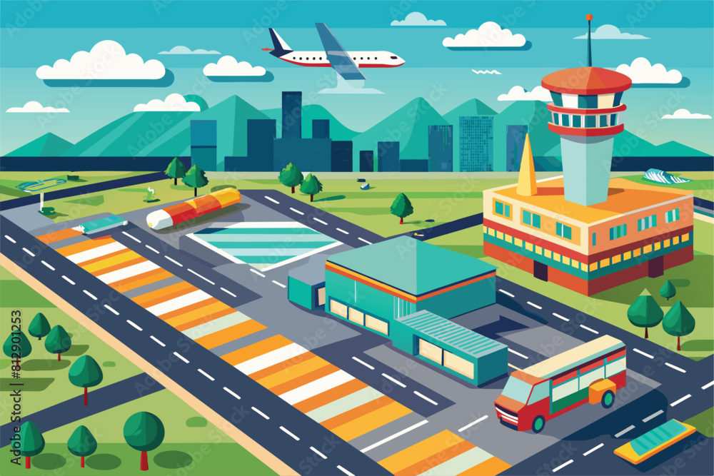 An airport runway with a plane flying overhead captured in this detailed illustration, Airport runway Customizable Disproportionate Illustration
