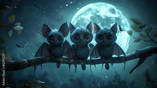 3D of cartoon three bat perching on branch at fullmoon backgrounds.