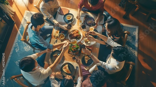 Top view Group of Happy Asian people friends enjoy celebration dinner party sharing and eating food with drinking wine together at home Adult man and woman reunion meeting event on hol : Generative AI photo