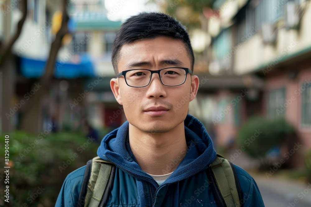 Obraz premium Closeup of a pensive young asian man wearing eyeglasses and a blue jacket, standing outdoors