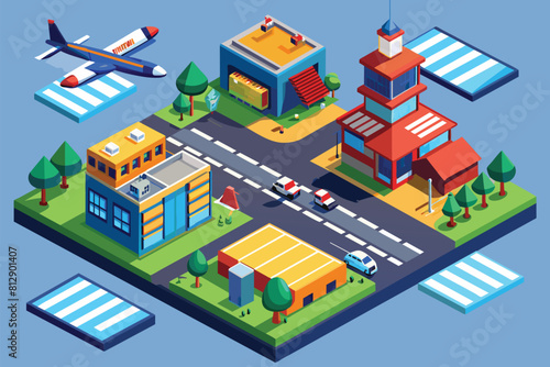 A plane flies over a small town with buildings and roads visible below  Airport runway Customizable Isometric Illustration