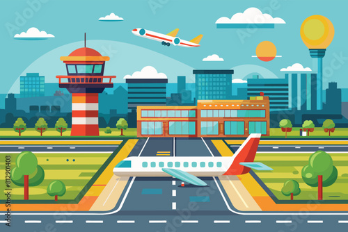 An airport runway with a plane ready for takeoff, under the clear sky, Airport runway Customizable Semi Flat Illustration