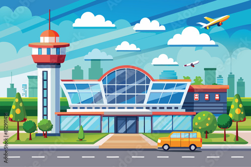 Cartoon airport terminal with commercial airplane flying past, under clear blue sky, Airport terminal Customizable Cartoon Illustration