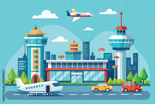 An airport terminal with cars moving and a plane soaring above it, Airport terminal Customizable Flat Illustration