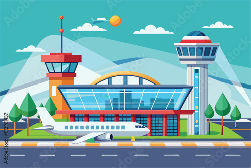 An airport terminal with a commercial airplane parked on the tarmac, ready for departure or arrival, Airport terminal Customizable Semi Flat Illustration