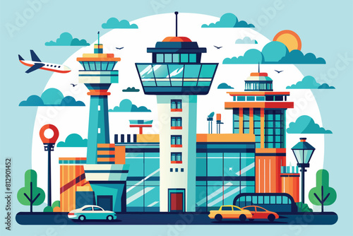 An airport scene with cars driving on the road and a plane soaring overhead, Airport tower Customizable Disproportionate Illustration