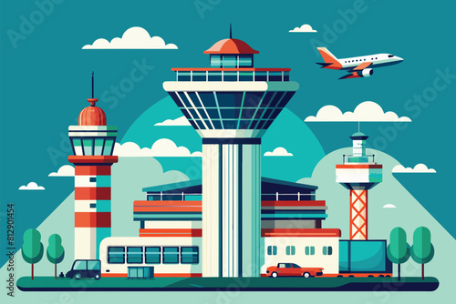 A commercial airliner flying over a busy airport with planes on the runway and an airport tower in the background, Airport tower Customizable Disproportionate Illustration