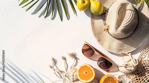 Summer mood layout Flatlay of summer natural espadrillas and sandals straw sunhat beach rafia and net bag beach towel sunglasses and fresh fruit over white plain background top view co : Generative AI photo