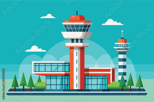 An airport building with a tower standing in the background under a clear sky, Airport tower Customizable Flat Illustration