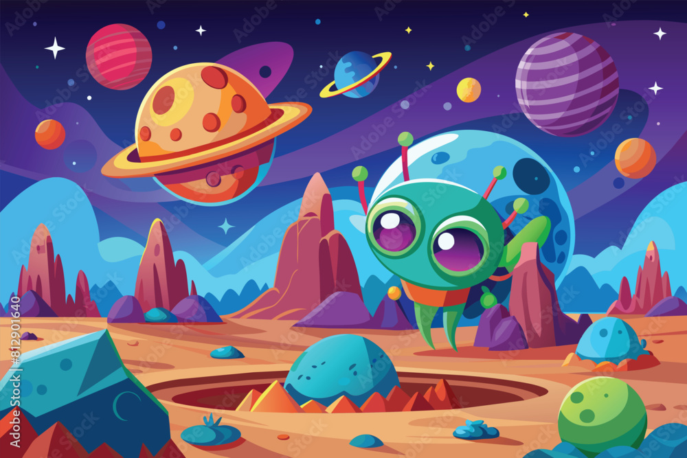 A customizable cartoon alien stands in a vast desert landscape, Alien planet Customizable Cartoon Illustration