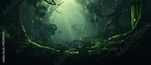 Fantasy landscape of a lush green forest  where ethereal light filters through towering trees  styled in minimalistic hues for a serene banner template