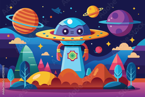 A cartoon alien stands beside a spaceship flying in the sky, Alien science Customizable Semi Flat Illustration