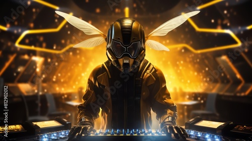 Futuristic concept of a bee wearing a sleek, neonlit suit, managing a DJ booth at a party, with HUD in a modern nightclub, Sharpen banner with copy space photo