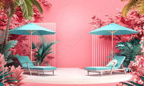 3d lounge sunbed idea Swimming Pool party Mood Holidays background composition Creative design backdrop Pink Background Tropical flowers and Blue umbrellas