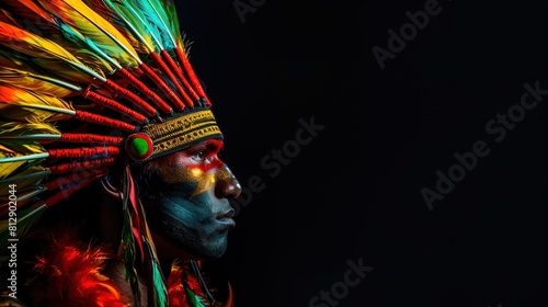 Portrait of a painted native Indian man warrior in traditional roach on black background.