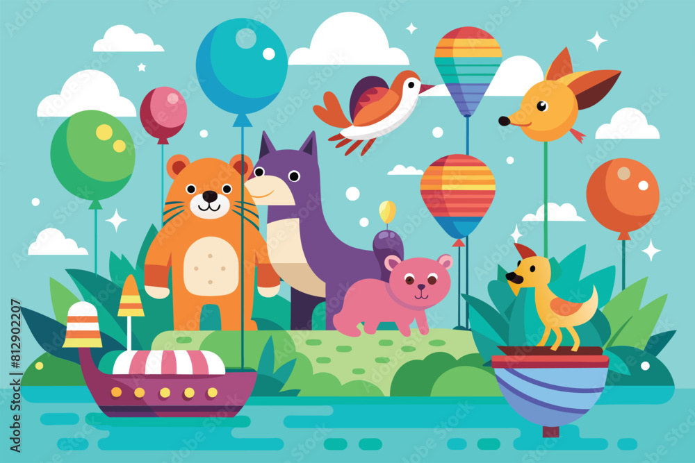 Obraz premium Animals are floating on water with balloons in a customizable flat illustration, Animals floating with balloons Customizable Flat Illustration